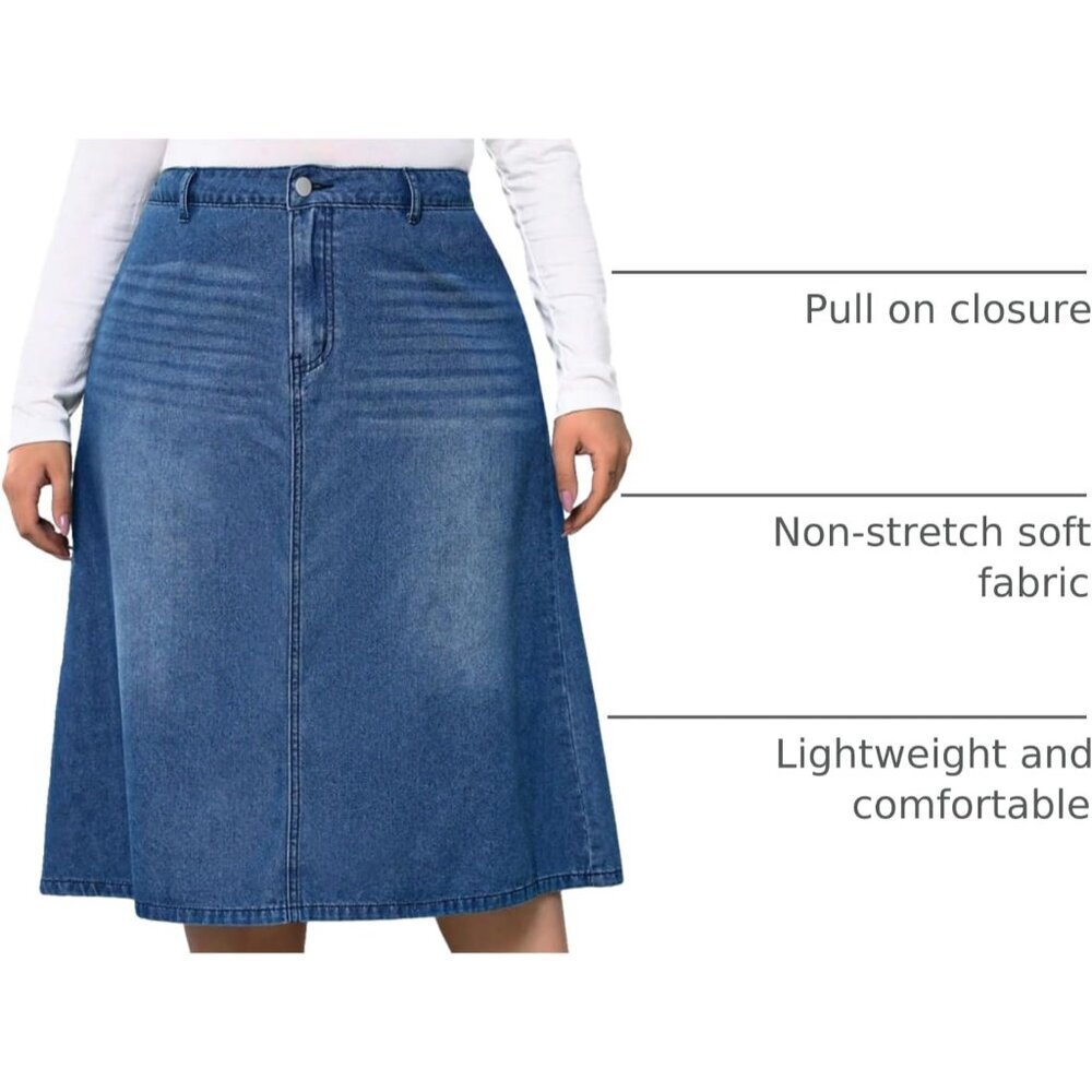 Women's Plus Size Jean Midi Skirt High Waisted A-Line Casual Comfort - Picture 4 of 6